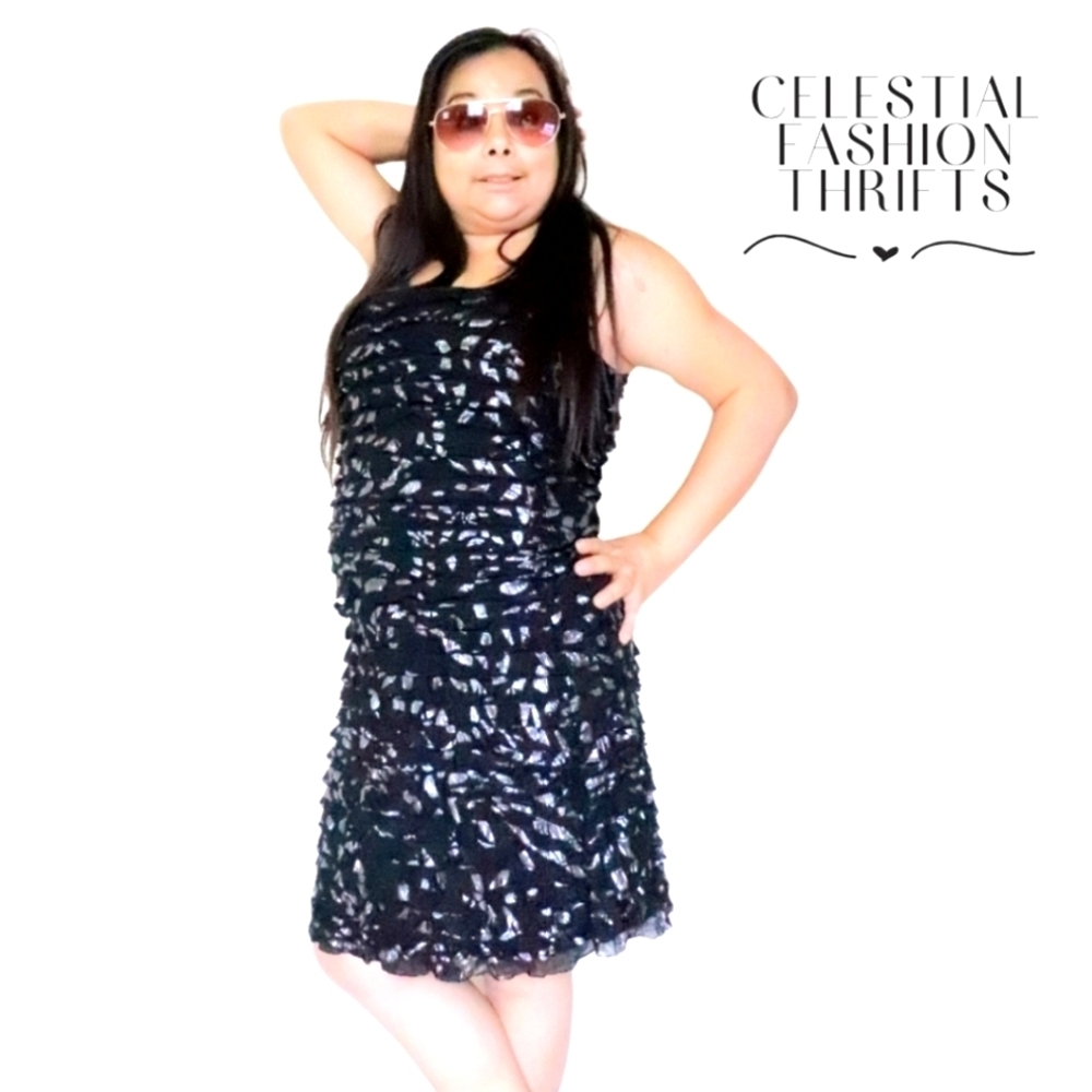 RICKIS WOMENS SIZE XL STRAPLESS BLACK & SILVER RUFFLES MIDI DRESS